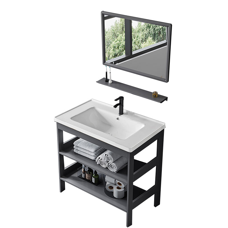 Modern Metal Vanity Set Open Storage Single Sink Vanity for Washroom Vanity & Faucet & Mirrors 32"L x 16"W x 31"H Clearhalo 'Bathroom Remodel & Bathroom Fixtures' 'Bathroom Vanities' 'bathroom_vanities' 'Home Improvement' 'home_improvement' 'home_improvement_bathroom_vanities' 7295178