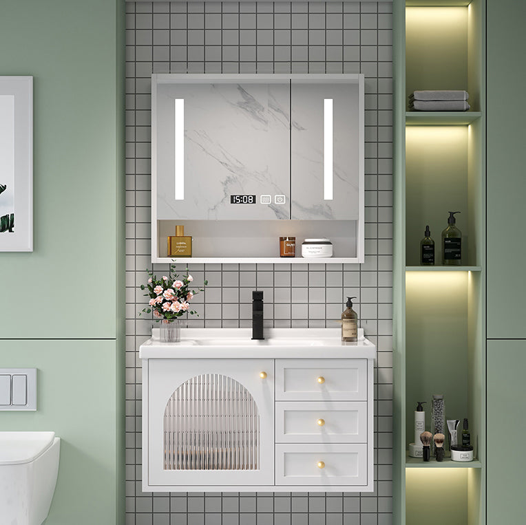 Glam Vanity White Single Sink Wall Mount Wood Frame Rectangular Mirror Bath Vanity Vanity & Faucet & Smart Medicine Cabinet 32"L x 20"W x 20"H Clearhalo 'Bathroom Remodel & Bathroom Fixtures' 'Bathroom Vanities' 'bathroom_vanities' 'Home Improvement' 'home_improvement' 'home_improvement_bathroom_vanities' 7295207