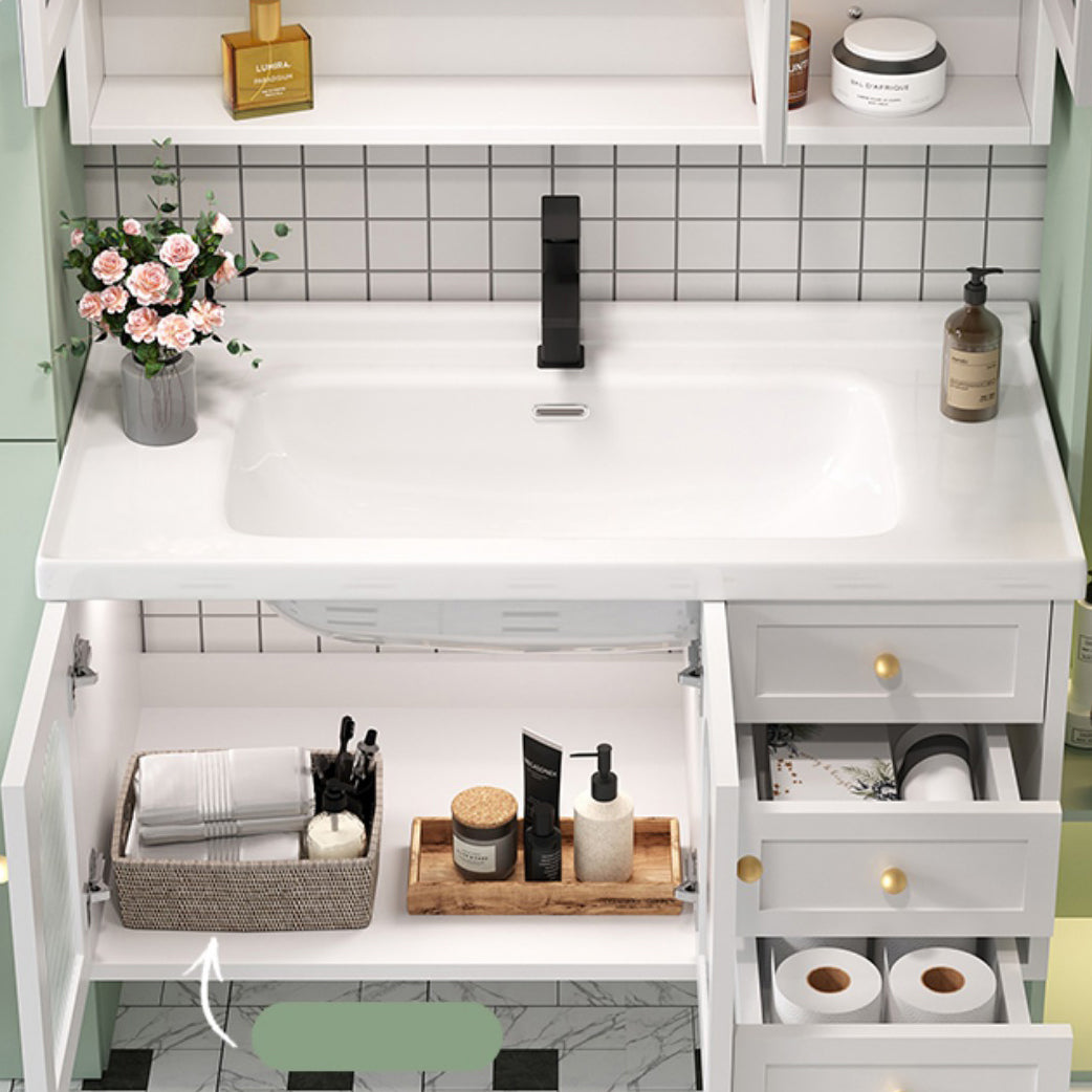 Glam Vanity White Single Sink Wall Mount Wood Frame Rectangular Mirror Bath Vanity Clearhalo 'Bathroom Remodel & Bathroom Fixtures' 'Bathroom Vanities' 'bathroom_vanities' 'Home Improvement' 'home_improvement' 'home_improvement_bathroom_vanities' 7295212