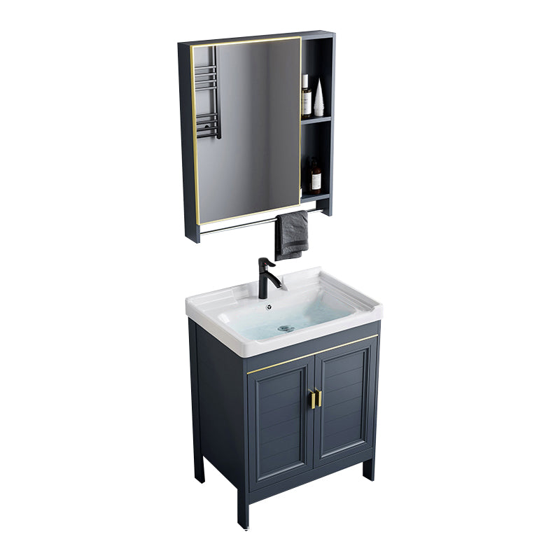 Blue Bath Vanity Freestanding Rectangular 2 Doors Single Sink Metal Frame Bathroom Vanity Vanity & Faucet & Mirror Cabinet 24"L x 16"W x 31"H Ceramic Clearhalo 'Bathroom Remodel & Bathroom Fixtures' 'Bathroom Vanities' 'bathroom_vanities' 'Home Improvement' 'home_improvement' 'home_improvement_bathroom_vanities' 7295280