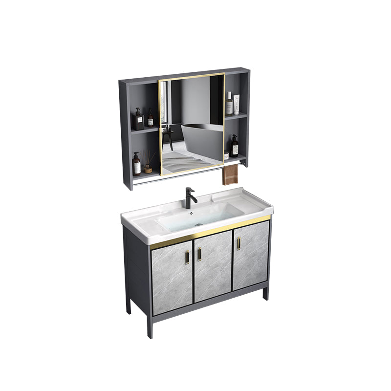 Metal Frame Vanity Grey Single Sink Rectangular Freestanding Mirror Vanity with Doors Vanity & Faucet & Mirror Cabinet Ceramic Clearhalo 'Bathroom Remodel & Bathroom Fixtures' 'Bathroom Vanities' 'bathroom_vanities' 'Home Improvement' 'home_improvement' 'home_improvement_bathroom_vanities' 7295333