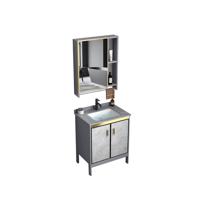 Metal Frame Vanity Grey Single Sink Rectangular Freestanding Mirror Vanity with Doors Vanity & Faucet & Mirror Cabinet 24"L x 16"W x 31"H Stone Clearhalo 'Bathroom Remodel & Bathroom Fixtures' 'Bathroom Vanities' 'bathroom_vanities' 'Home Improvement' 'home_improvement' 'home_improvement_bathroom_vanities' 7295336
