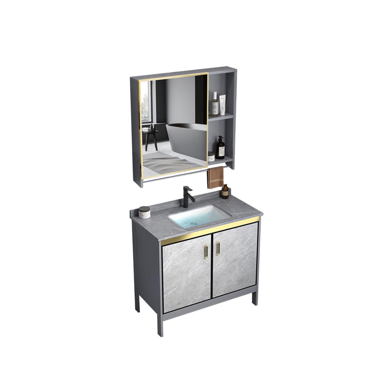 Metal Frame Vanity Grey Single Sink Rectangular Freestanding Mirror Vanity with Doors Vanity & Faucet & Mirror Cabinet Stone Clearhalo 'Bathroom Remodel & Bathroom Fixtures' 'Bathroom Vanities' 'bathroom_vanities' 'Home Improvement' 'home_improvement' 'home_improvement_bathroom_vanities' 7295338