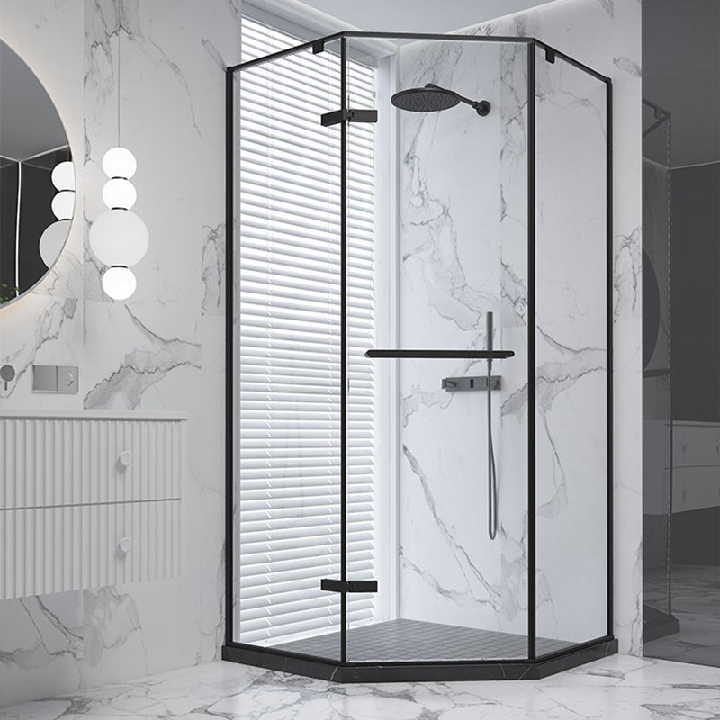 Black Neo-Angle Shower Enclosure Semi Frameless Door Hinged Shower Room Left Clear Glass Clearhalo 'Bathroom Remodel & Bathroom Fixtures' 'Home Improvement' 'home_improvement' 'home_improvement_shower_stalls_enclosures' 'Shower Stalls & Enclosures' 'shower_stalls_enclosures' 'Showers & Bathtubs' 7295848