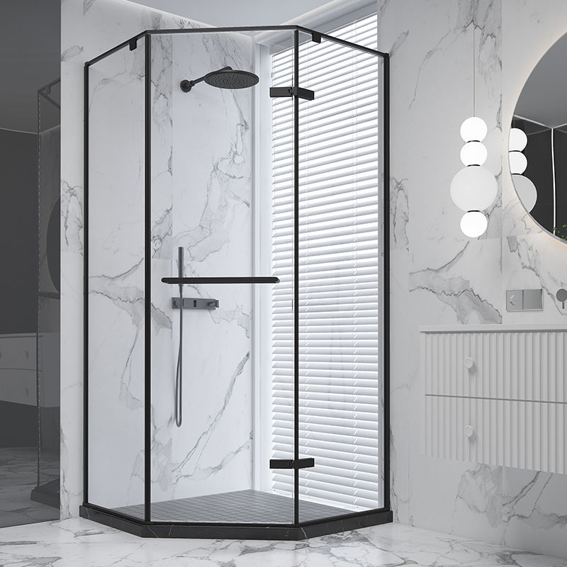 Black Neo-Angle Shower Enclosure Semi Frameless Door Hinged Shower Room Right Clear Glass Clearhalo 'Bathroom Remodel & Bathroom Fixtures' 'Home Improvement' 'home_improvement' 'home_improvement_shower_stalls_enclosures' 'Shower Stalls & Enclosures' 'shower_stalls_enclosures' 'Showers & Bathtubs' 7295849