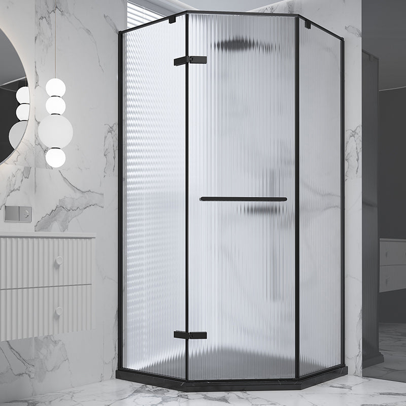 Black Neo-Angle Shower Enclosure Semi Frameless Door Hinged Shower Room Left Fluted Glass Clearhalo 'Bathroom Remodel & Bathroom Fixtures' 'Home Improvement' 'home_improvement' 'home_improvement_shower_stalls_enclosures' 'Shower Stalls & Enclosures' 'shower_stalls_enclosures' 'Showers & Bathtubs' 7295850