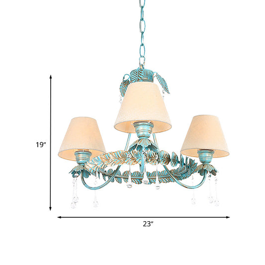 3/6 Bulbs Cone Chandelier Lamp Pastoral Blue Fabric Pendant Light with Metal Leaf and Crystal Decor Clearhalo 'Ceiling Lights' 'Chandeliers' Lighting' options 729601