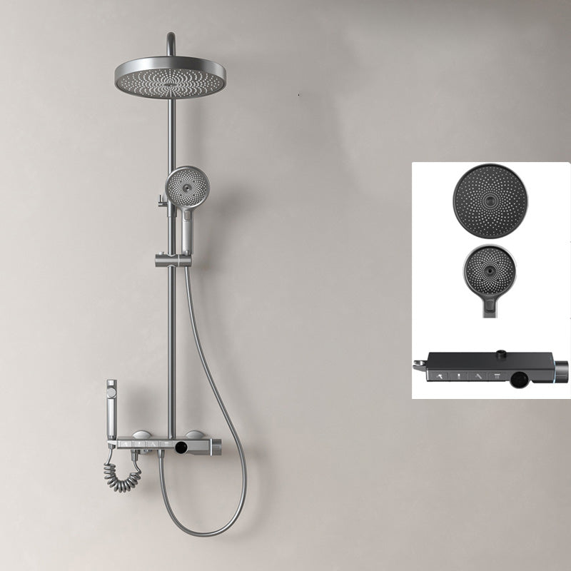 Modern Shower System Adjustable Spray Pattern Shower Head Combo Dark Gray Round Temperature Control Clearhalo 'Bathroom Remodel & Bathroom Fixtures' 'Home Improvement' 'home_improvement' 'home_improvement_shower_faucets' 'Shower Faucets & Systems' 'shower_faucets' 'Showers & Bathtubs Plumbing' 'Showers & Bathtubs' 7296039