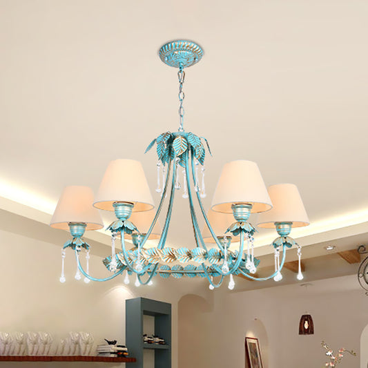 3/6 Bulbs Cone Chandelier Lamp Pastoral Blue Fabric Pendant Light with Metal Leaf and Crystal Decor Clearhalo 'Ceiling Lights' 'Chandeliers' Lighting' options 729604