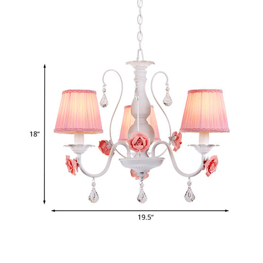 Fabric Pleated Shade Chandelier Pastoral 3/6/8 Lights Dining Room Pendant in Pink with Crystal Drop Clearhalo 'Ceiling Lights' 'Chandeliers' Lighting' options 729625