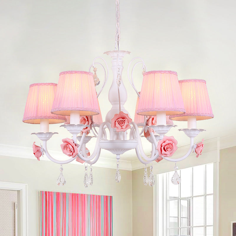 Fabric Pleated Shade Chandelier Pastoral 3/6/8 Lights Dining Room Pendant in Pink with Crystal Drop Clearhalo 'Ceiling Lights' 'Chandeliers' Lighting' options 729626