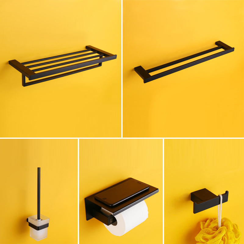 Modern Black Bathroom Accessory Kit with Bath Shelf and Soap Dish 5 piece Set Clearhalo 'Bathroom Hardware Sets' 'Bathroom Hardware' 'Bathroom Remodel & Bathroom Fixtures' 'bathroom_hardware_sets' 'Home Improvement' 'home_improvement' 'home_improvement_bathroom_hardware_sets' 7296319