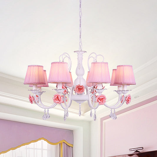 Fabric Pleated Shade Chandelier Pastoral 3/6/8 Lights Dining Room Pendant in Pink with Crystal Drop Clearhalo 'Ceiling Lights' 'Chandeliers' Lighting' options 729632
