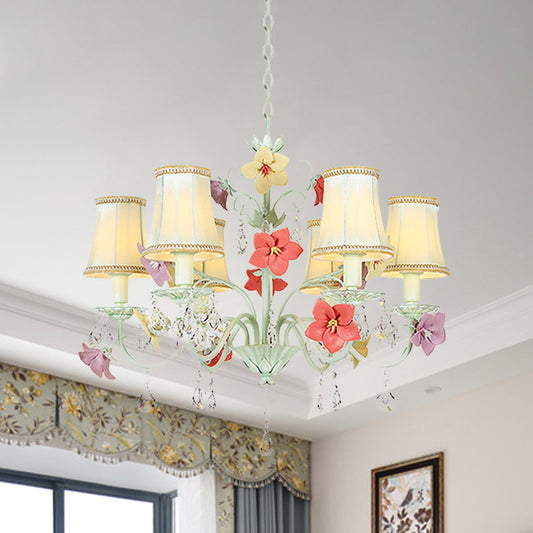 Korean Flower Flared Drop Lamp 6 Bulbs Fabric Chandelier in Light Green with Crystal Accent Clearhalo 'Ceiling Lights' 'Chandeliers' Lighting' options 729636