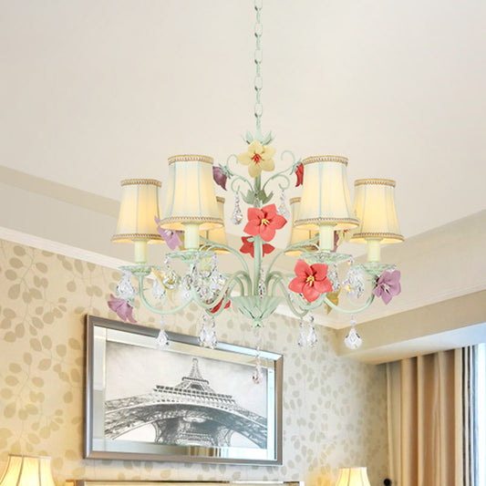 Korean Flower Flared Drop Lamp 6 Bulbs Fabric Chandelier in Light Green with Crystal Accent Clearhalo 'Ceiling Lights' 'Chandeliers' Lighting' options 729637