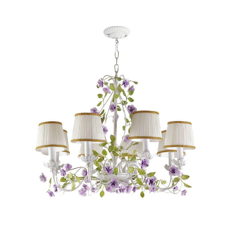 Bucket Fabric Chandelier Lighting Fixture Korean Flower 3/6/8 Bulbs Bedroom Suspension Pendant in White Clearhalo 'Ceiling Lights' 'Chandeliers' Lighting' options 729654