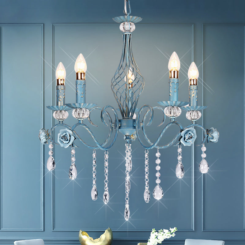 Blue Candlestick Chandelier Korean Flower Metal 3/5/8 Heads Dining Room Ceiling Lamp with Crystal Draping Clearhalo 'Ceiling Lights' 'Chandeliers' Lighting' options 729663
