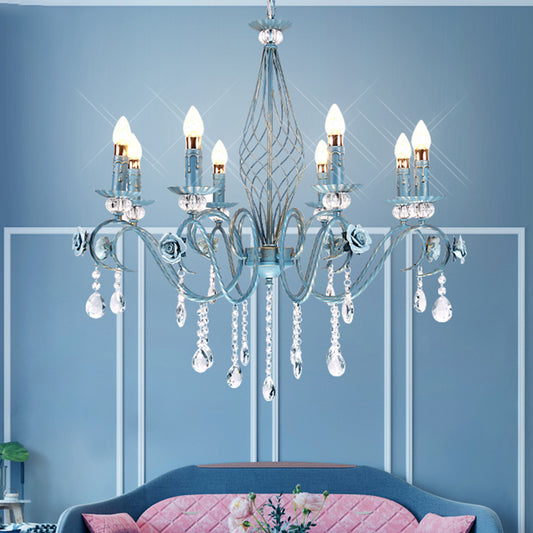 Blue Candlestick Chandelier Korean Flower Metal 3/5/8 Heads Dining Room Ceiling Lamp with Crystal Draping Clearhalo 'Ceiling Lights' 'Chandeliers' Lighting' options 729667