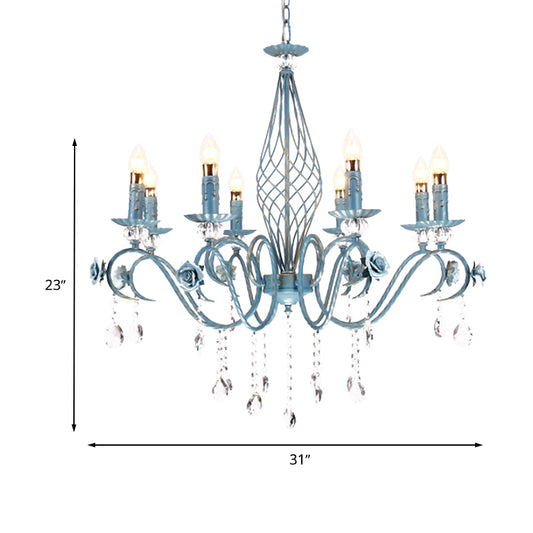 Blue Candlestick Chandelier Korean Flower Metal 3/5/8 Heads Dining Room Ceiling Lamp with Crystal Draping Clearhalo 'Ceiling Lights' 'Chandeliers' Lighting' options 729670