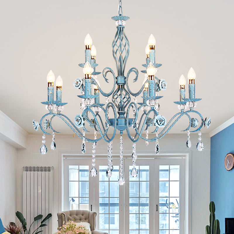 Blue Candlestick Chandelier Korean Flower Metal 3/5/8 Heads Dining Room Ceiling Lamp with Crystal Draping Clearhalo 'Ceiling Lights' 'Chandeliers' Lighting' options 729671