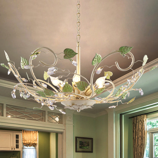 Korean Garden Bowl Ceiling Pendant 6 Lights Iron Hanging Chandelier in White with Crystal Decor Clearhalo 'Ceiling Lights' 'Chandeliers' Lighting' options 729676