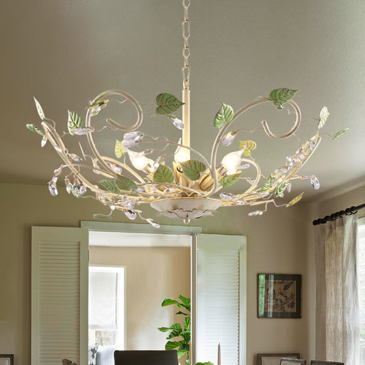 Korean Garden Bowl Ceiling Pendant 6 Lights Iron Hanging Chandelier in White with Crystal Decor Clearhalo 'Ceiling Lights' 'Chandeliers' Lighting' options 729677
