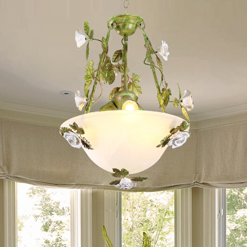 Green Bowl Chandelier Light Fixture Korean Flower White Glass 2/3 Bulbs Dining Room Pendant Lamp 3 White Clearhalo 'Ceiling Lights' 'Chandeliers' 'Glass shade' 'Glass' Lighting' 729691