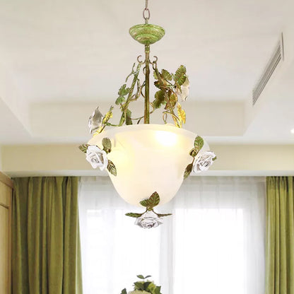 Green Bowl Chandelier Light Fixture Korean Flower White Glass 2/3 Bulbs Dining Room Pendant Lamp 2 White Clearhalo 'Ceiling Lights' 'Chandeliers' 'Glass shade' 'Glass' Lighting' 729696