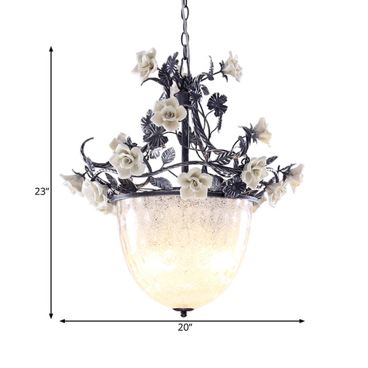 4-Bulb Bowl Chandelier Pendant Light Pastoral Style White Glass Hanging Lamp with Flower Decoration Clearhalo 'Ceiling Lights' 'Chandeliers' 'Glass shade' 'Glass' 'Pendant Lights' Lighting' 729711
