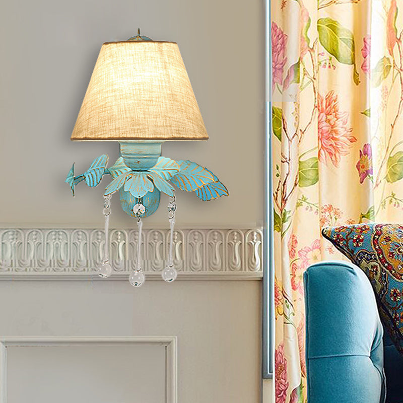 Fabric Blue Wall Mounted Light Tapered 1/2-Light Countryside Wall Sconce Lamp with Clear Glass Drop Clearhalo 'Wall Lamps & Sconces' 'Wall Lights' Lighting' 729733