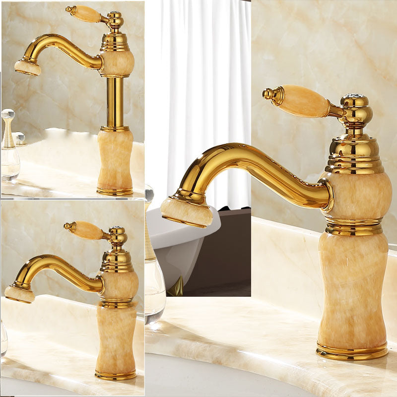 Deck Mounted Copper Tub Faucet Low Arc Roman Tub Faucet Set with Jade Yellow Lift Drop Handles Clearhalo 'Bathroom Remodel & Bathroom Fixtures' 'Bathroom Sink Faucets' 'Bathroom Sinks & Faucet Components' 'bathroom_sink_faucets' 'Home Improvement' 'home_improvement' 'home_improvement_bathroom_sink_faucets' 7297374
