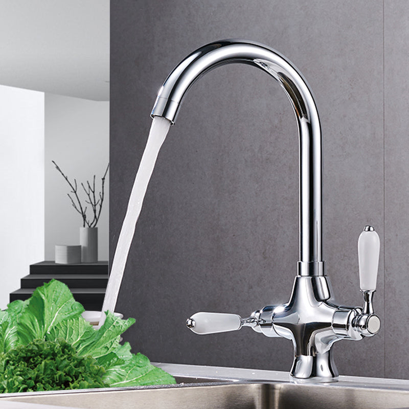 Contemporary Double Handle Kitchen Faucet High Arch Water Filler in Chrome Clearhalo 'Home Improvement' 'home_improvement' 'home_improvement_kitchen_faucets' 'Kitchen Faucets' 'Kitchen Remodel & Kitchen Fixtures' 'Kitchen Sinks & Faucet Components' 'kitchen_faucets' 7297434