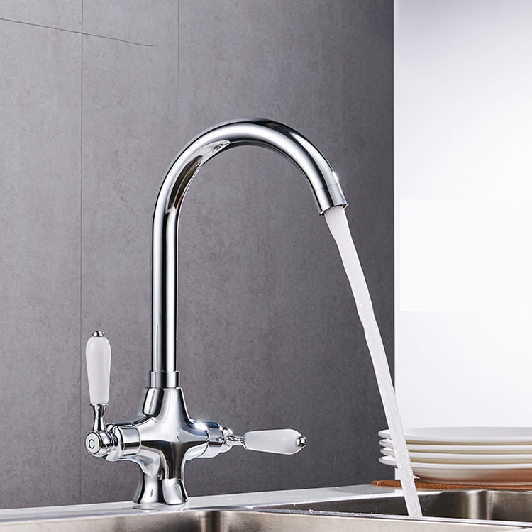 Contemporary Double Handle Kitchen Faucet High Arch Water Filler in Chrome Clearhalo 'Home Improvement' 'home_improvement' 'home_improvement_kitchen_faucets' 'Kitchen Faucets' 'Kitchen Remodel & Kitchen Fixtures' 'Kitchen Sinks & Faucet Components' 'kitchen_faucets' 7297439