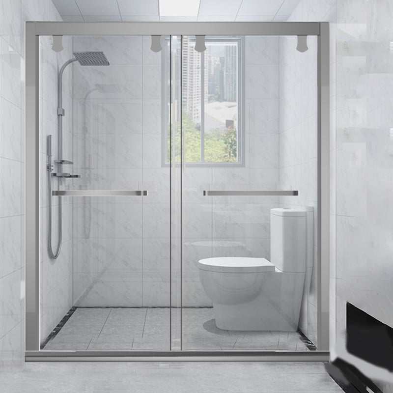Single Sliding Semi-Frameless Shower Doors Tempered Clear Shower Door Silver Clearhalo 'Bathroom Remodel & Bathroom Fixtures' 'Home Improvement' 'home_improvement' 'home_improvement_shower_tub_doors' 'Shower and Tub Doors' 'shower_tub_doors' 'Showers & Bathtubs' 7298040
