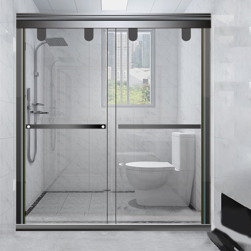 Single Sliding Semi-Frameless Shower Doors Tempered Clear Shower Door Gold-Black Clearhalo 'Bathroom Remodel & Bathroom Fixtures' 'Home Improvement' 'home_improvement' 'home_improvement_shower_tub_doors' 'Shower and Tub Doors' 'shower_tub_doors' 'Showers & Bathtubs' 7298045