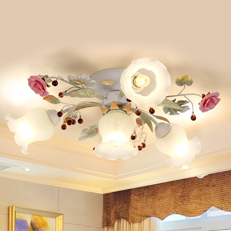 Korean Garden Bloom Semi Flush 4/6/9 Bulbs White Glass Flush Mount Light Fixture for Dining Room 4 White Clearhalo 'Ceiling Lights' 'Close To Ceiling Lights' 'Close to ceiling' 'Semi-flushmount' Lighting' 729832
