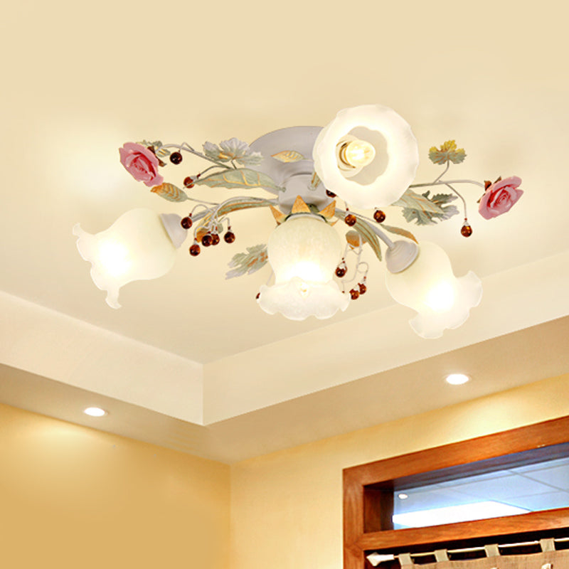 Korean Garden Bloom Semi Flush 4/6/9 Bulbs White Glass Flush Mount Light Fixture for Dining Room Clearhalo 'Ceiling Lights' 'Close To Ceiling Lights' 'Close to ceiling' 'Semi-flushmount' Lighting' 729833
