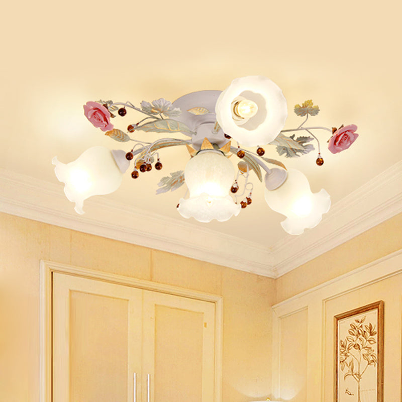 Korean Garden Bloom Semi Flush 4/6/9 Bulbs White Glass Flush Mount Light Fixture for Dining Room Clearhalo 'Ceiling Lights' 'Close To Ceiling Lights' 'Close to ceiling' 'Semi-flushmount' Lighting' 729834