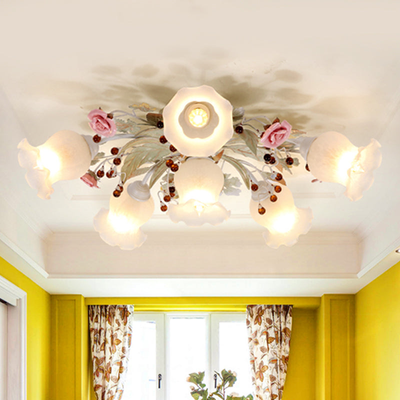 Korean Garden Bloom Semi Flush 4/6/9 Bulbs White Glass Flush Mount Light Fixture for Dining Room 6 White Clearhalo 'Ceiling Lights' 'Close To Ceiling Lights' 'Close to ceiling' 'Semi-flushmount' Lighting' 729837