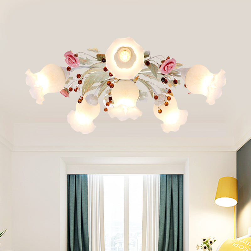 Korean Garden Bloom Semi Flush 4/6/9 Bulbs White Glass Flush Mount Light Fixture for Dining Room Clearhalo 'Ceiling Lights' 'Close To Ceiling Lights' 'Close to ceiling' 'Semi-flushmount' Lighting' 729838
