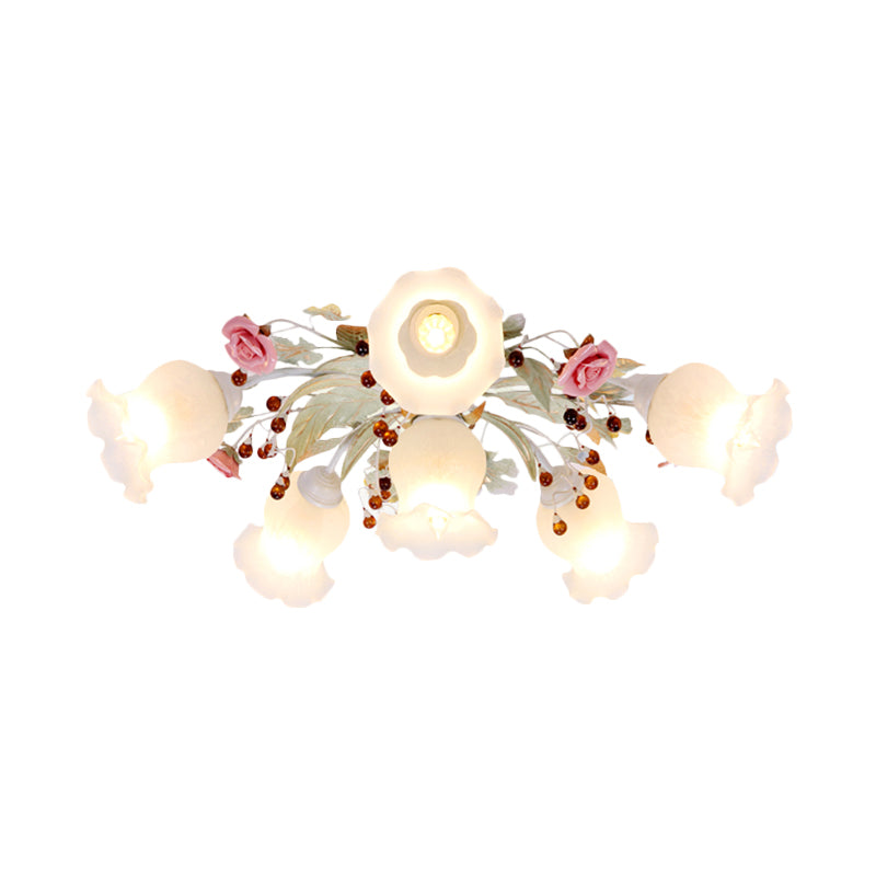 Korean Garden Bloom Semi Flush 4/6/9 Bulbs White Glass Flush Mount Light Fixture for Dining Room Clearhalo 'Ceiling Lights' 'Close To Ceiling Lights' 'Close to ceiling' 'Semi-flushmount' Lighting' 729839