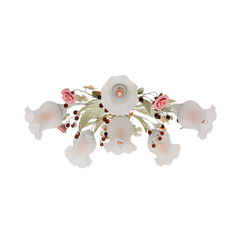 Korean Garden Bloom Semi Flush 4/6/9 Bulbs White Glass Flush Mount Light Fixture for Dining Room Clearhalo 'Ceiling Lights' 'Close To Ceiling Lights' 'Close to ceiling' 'Semi-flushmount' Lighting' 729840