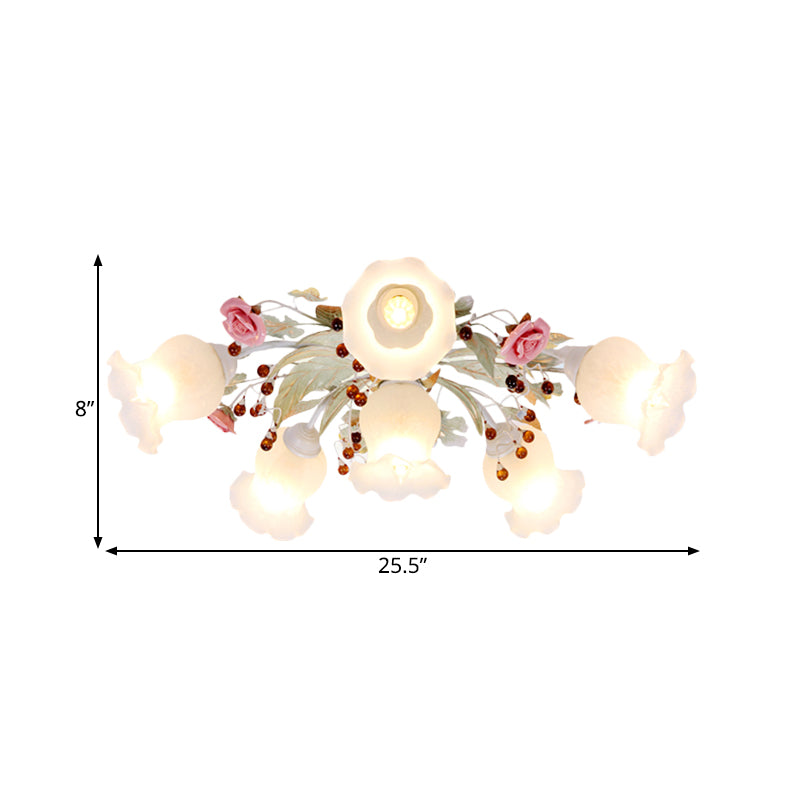 Korean Garden Bloom Semi Flush 4/6/9 Bulbs White Glass Flush Mount Light Fixture for Dining Room Clearhalo 'Ceiling Lights' 'Close To Ceiling Lights' 'Close to ceiling' 'Semi-flushmount' Lighting' 729841