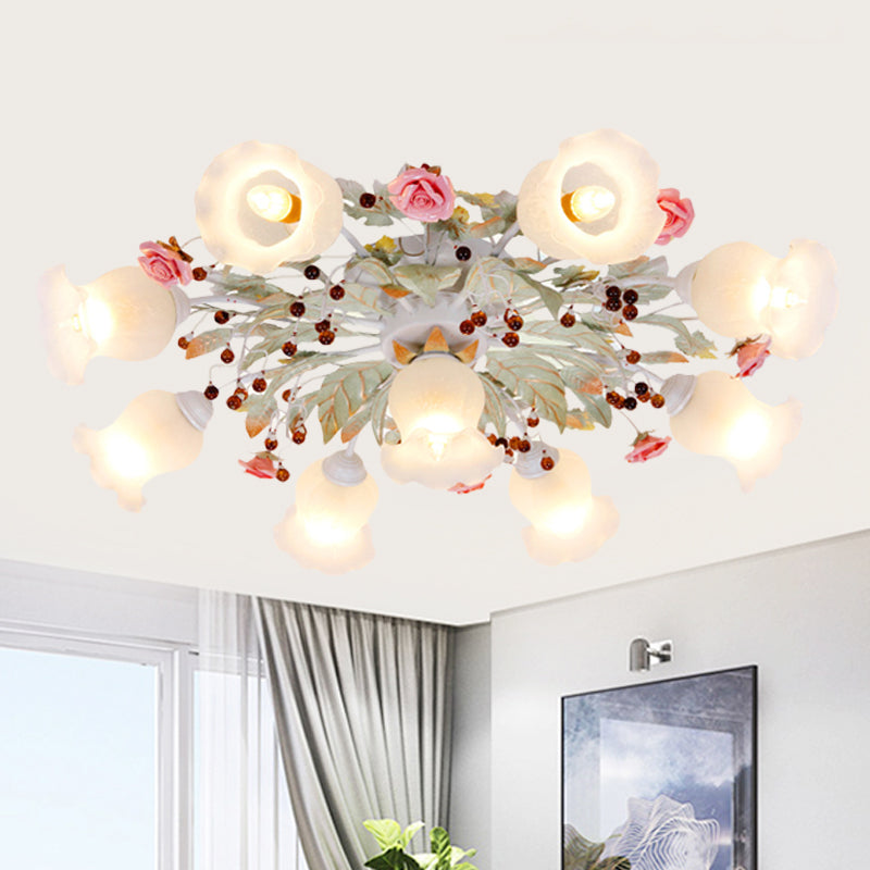 Korean Garden Bloom Semi Flush 4/6/9 Bulbs White Glass Flush Mount Light Fixture for Dining Room 9 White Clearhalo 'Ceiling Lights' 'Close To Ceiling Lights' 'Close to ceiling' 'Semi-flushmount' Lighting' 729842