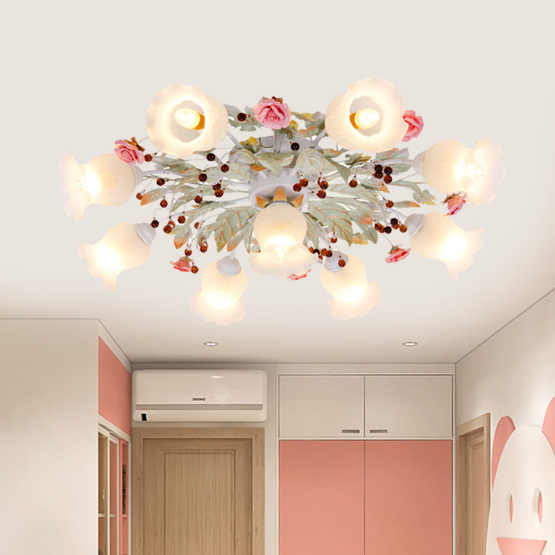 Korean Garden Bloom Semi Flush 4/6/9 Bulbs White Glass Flush Mount Light Fixture for Dining Room Clearhalo 'Ceiling Lights' 'Close To Ceiling Lights' 'Close to ceiling' 'Semi-flushmount' Lighting' 729843