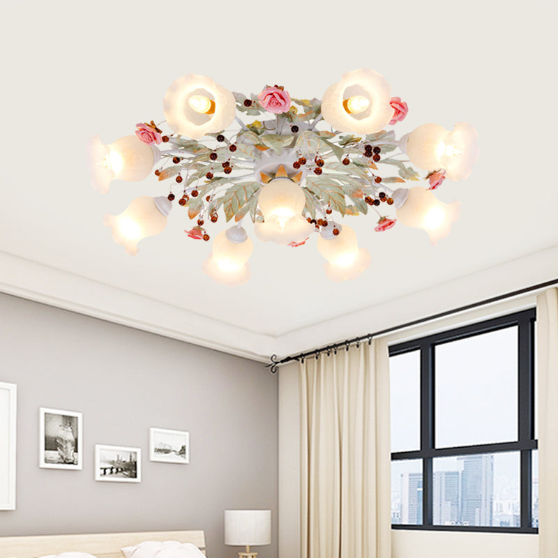 Korean Garden Bloom Semi Flush 4/6/9 Bulbs White Glass Flush Mount Light Fixture for Dining Room Clearhalo 'Ceiling Lights' 'Close To Ceiling Lights' 'Close to ceiling' 'Semi-flushmount' Lighting' 729844