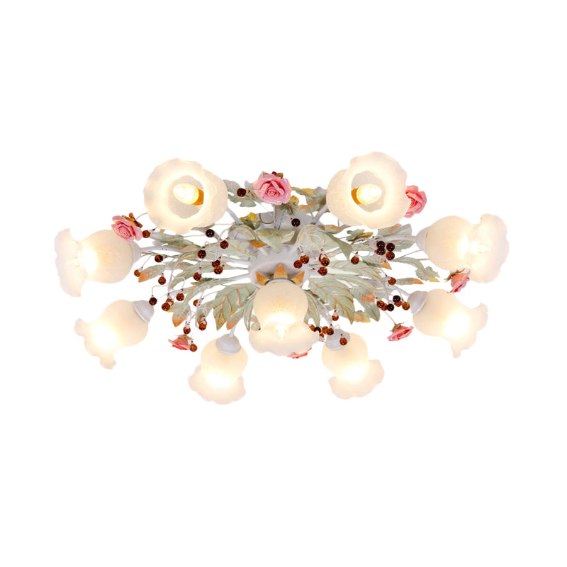 Korean Garden Bloom Semi Flush 4/6/9 Bulbs White Glass Flush Mount Light Fixture for Dining Room Clearhalo 'Ceiling Lights' 'Close To Ceiling Lights' 'Close to ceiling' 'Semi-flushmount' Lighting' 729845