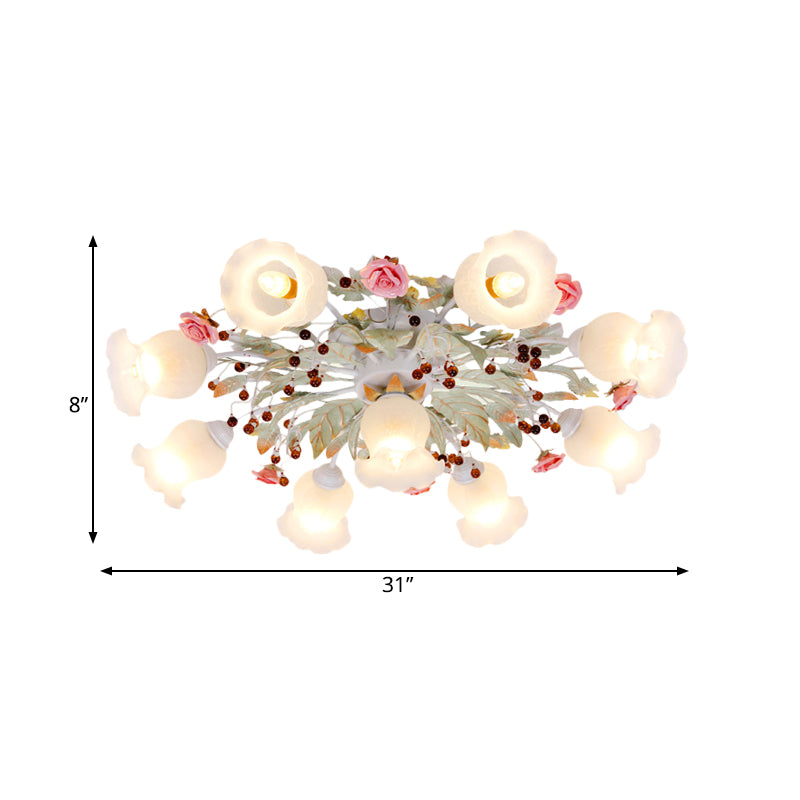 Korean Garden Bloom Semi Flush 4/6/9 Bulbs White Glass Flush Mount Light Fixture for Dining Room Clearhalo 'Ceiling Lights' 'Close To Ceiling Lights' 'Close to ceiling' 'Semi-flushmount' Lighting' 729846