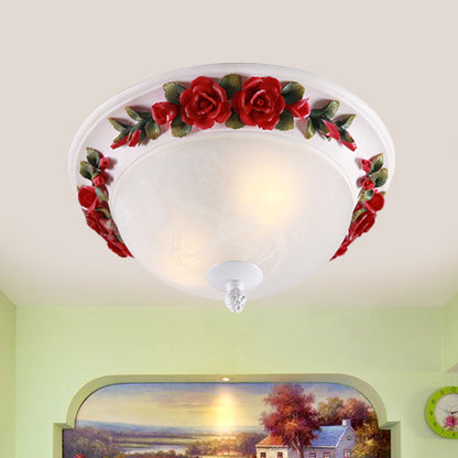 12"/16" W Red LED Ceiling Lamp Korean Garden White Glass Domed Flush Mount Lighting with Flower Design White 12" Clearhalo 'Ceiling Lights' 'Close To Ceiling Lights' 'Close to ceiling' 'Flush mount' Lighting' 729882