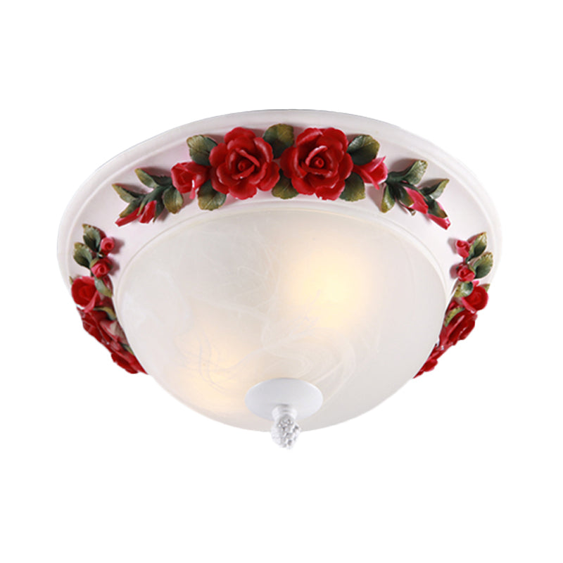 12"/16" W Red LED Ceiling Lamp Korean Garden White Glass Domed Flush Mount Lighting with Flower Design Clearhalo 'Ceiling Lights' 'Close To Ceiling Lights' 'Close to ceiling' 'Flush mount' Lighting' 729885